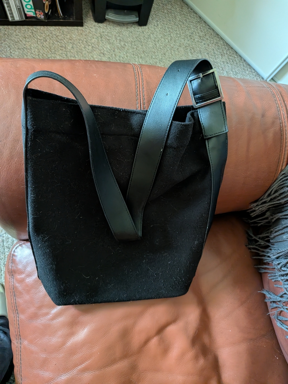 Black Fabric Tote Bag with Adjustable Faux Leather Strap